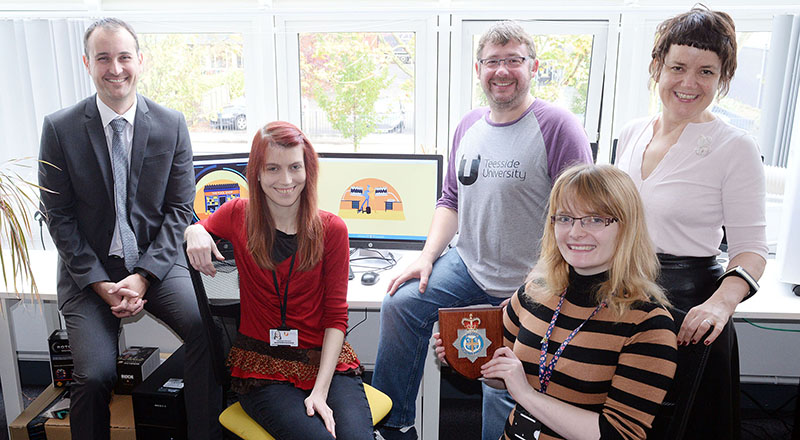 L-R: Detective Sergeant Martin Wilson, Kayleigh Stevens (Assistant Producer), Tim Brunton (Senior Lecturer and Animation Producer), Rose Gibbin (Animator) and Siobhan Fenton (Associate Dean).