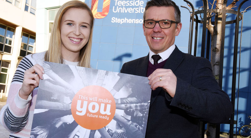 Graphic Design student Megan Howard with Chris Walker, Deputy Director, Student Recruitment & Marketing