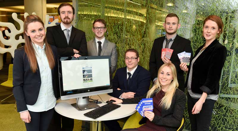 Teesside University students Michael Barley, Dawn McBeath, Richard Bairstow, Jordan Rundle with Sports Direct staff Jo Mclaren, Charlie Wilber and Emily Hilditch.