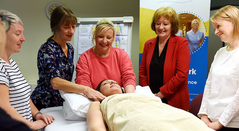 Jeanne Everett (second from left), the Lymphoedema Clinical Lead at Teesside Hospice with  some members of the first cohort of students on the course and Linda Nelson (second from right), Associate Dean (Enterprise and Business Engagement) of the School of Health & Social Care.