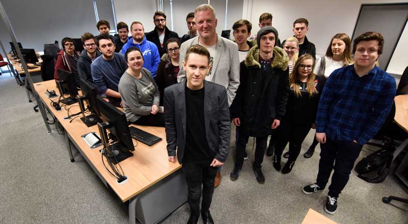 Jordan Mann and Paul Bailey with Teesside University journalism students.
