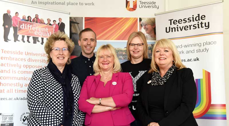 Teesside University's LGBT+ Focus Group (left to right): Dr Joan Heggie, Dominic Dunn, Juliet Amos, Helen Severs and Margaret Younger.