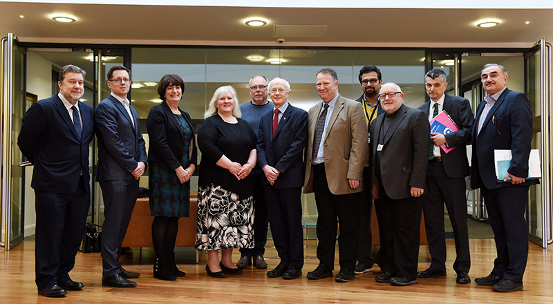 Dr Alasdair Taylor (second from left) and Dr Katy Gearing (fourth from left) from the Royal Society met with staff from Teesside University to learn about how it is collaborating with business. 