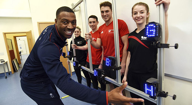 Peter Bakare tests his reactions with Teesside University elite athletes, Sophie Stonehouse, Jordan Thompson, Steven Reeves and Karina Le Fevre (left to right)