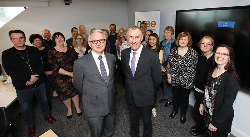 Professor Stuart Corbridge, Vice-Chancellor of Durham University (front-left) with Professor Paul Croney, Vice-Chancellor of Teesside University (front-right) and speakers and guests of the Entrepreneurial Leaders programme.