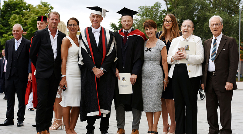 Nico’s parents Maria and Tony Davison, Vice-Chancellor Professor Paul Croney, Nico Davison, Anna Kennedy, partner Theanna Desanchez, and grandparents Maria and Tony Sammarone.