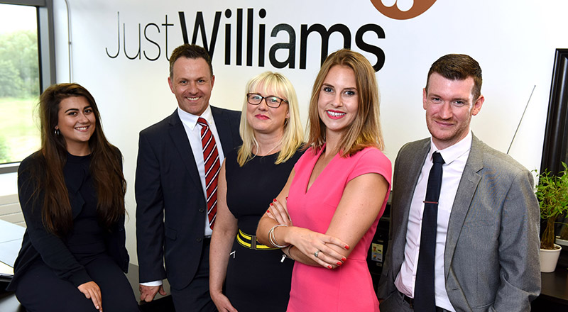 (L-R)  Jasmine Ashley (Trainee Sales Specialist, Just Williams), Matthew Telling (Operations Manager, RMS), Erica Legg (Senior Sales Specialist, Just Williams), Jessica Williams (Founder, Just Williams) and Tom Richardson (Recruitment Consultant, RMS).