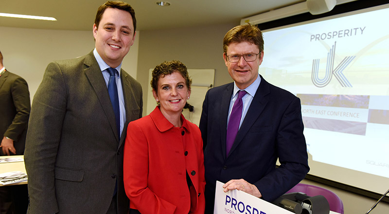 (l-r) Tees Valley Mayor Ben Houchen, Pro Vice-Chancellor (Enterprise and Business Engagement) Professor Jane Turner OBE DL and Business Secretary Greg Clark at the Prosperity UK conference held at Teesside University's campus last month.