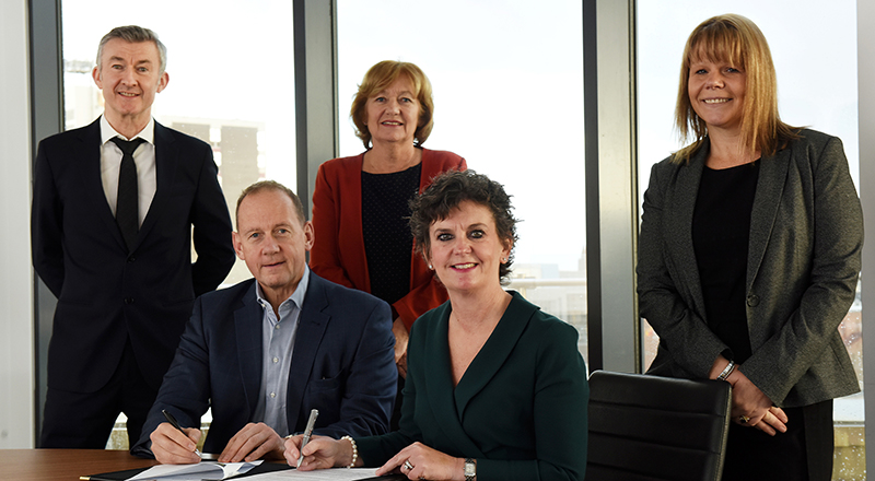 Professor John Dixon, Associate Dean, (Research and Innovation), Professor Andrew Walton, Executive Chair at Connect Health, Linda Nelson, Associate Dean (Enterprise and Business Engagement), Professor Jane Turner OBE DL, Pro Vice-Chancellor (Enterprise and Business Engagement) and 
Lisa Davidson, HR Director at Connect Health.
