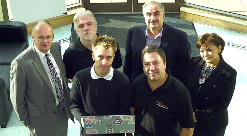 Dr Jonathan Siddle and Garry Lofthouse, front centre, with, from left, KTN’s Ian Blakemore, Applied Integration’s Lee Raywood, and Teesside University’s Prof Nashwan Dawood and Dr Huda Dawood. 