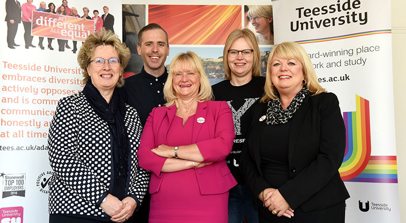 Teesside University's LGBT+ Focus Group (left to right): Dr Joan Heggie, Dominic Dunn, Juliet Amos, Helen Severs and Margaret Younger