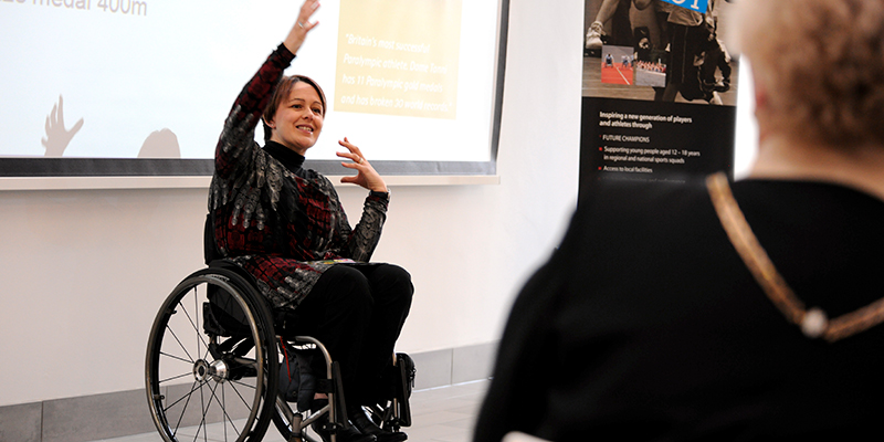 Baroness Thompson speaking at Teesside University.