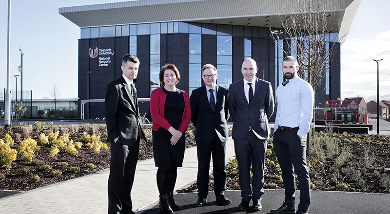 L-R) Dean of the School of Science, Engineering & Design Professor Stephen Cummings, Director of Academic Enterprise Laura Woods and Director of Campus Services Darren Vipond  with Wates Construction's Operations Director Neil Matthias and Project Manger Nick White pictured at the new National Horizons Centre at Teesside University in Darlington.