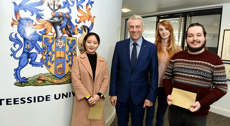 Dr David Bell with Sofia Mellingen, Chen Jiaxin and Fabio Figueiras.