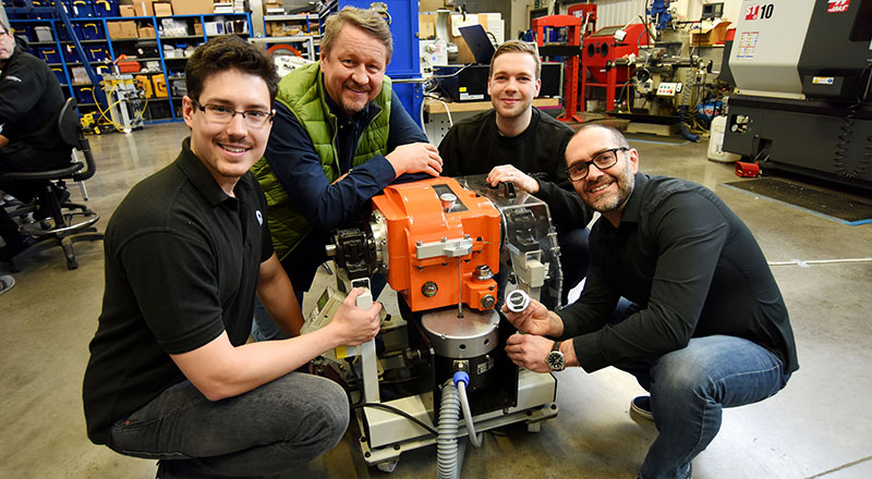 (L-R) Tomas Rosinski (Senior Mechanical Design Engineer, Transmission Dynamics), Professor Jarek Rosinski (CEO, Transmission Dynamics), Steve Lowry (Senior Electronics Engineer, Transmission Dynamics) and Omar Al-Janabi (Business Innovation Manager, Teesside University).