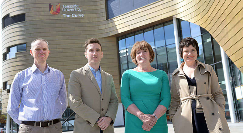 From left) Pete Hall (Head of Platform Development, Clicksco), Pete Danks (Divisional Chief Executive, Clicksco), Laura Woods (Director of Academic Enterprise, Teesside University) and Siobhan Fenton (Associate Dean, Teesside University School of Computing & Digital Technologies)