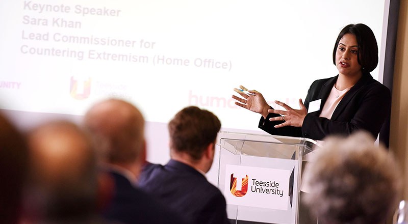 Sara Khan speaking at Teesside University