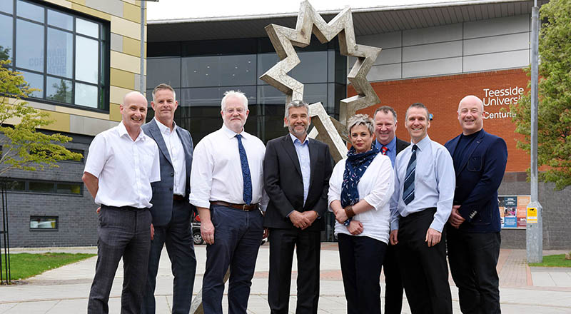 Members of the Teesside University and 2PD Knowledge Transfer Partnership: (L-R) Professor Denis Martin, Professor of Rehabilitation; Jason Timms, Managing Director of 2PD; Dr Alasdair MacSween, Senior Lecturer in Research Governance; Stuart Mead, Chairman of 2PD; Sarah Oatway, KTP Associate; Geoff Archer, Head of Knowledge Exchange, Teesside University; Dr Cormac Ryan, Reader; Eddie Dandy, Director of 2PD