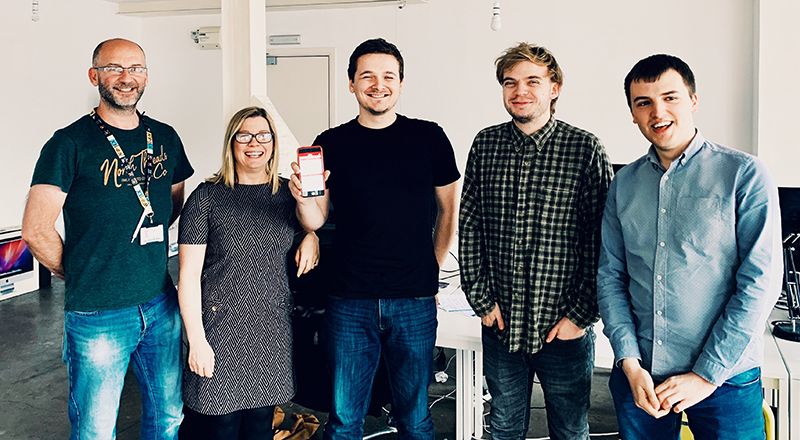 Left to right - Darren Abbot and Jenny Hudson from Teesside University with student Samuel Neesam and Dylan McKee and Alex Birch from Nebula.