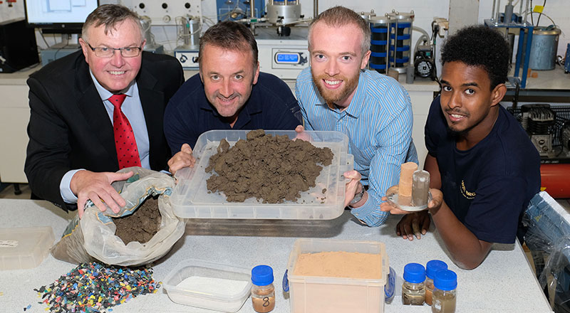 Bob Borthwick and Peter Scott of Scott Bros with Dr Paul Sargent and research graduate Feysal Shifa