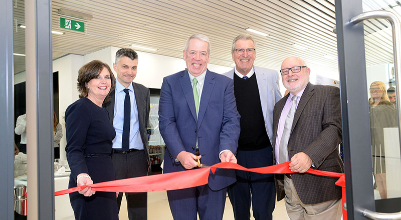 The inauguration of the Waters Bioanalytical Laboratory. From left: Professor Jane Turner OBE DL (Pro Vice-Chancellor, Teesside University); Professor Stephen Cummings (Dean of School of Health & Life Sciences, Teesside University); Dr Mike Harrington (Senior Vice-President Global Markets, Waters Corporation); Professor Michael Bowers (Visiting Professor, Teesside University) and Professor Jim Scrivens (Research Professor, Teesside University).