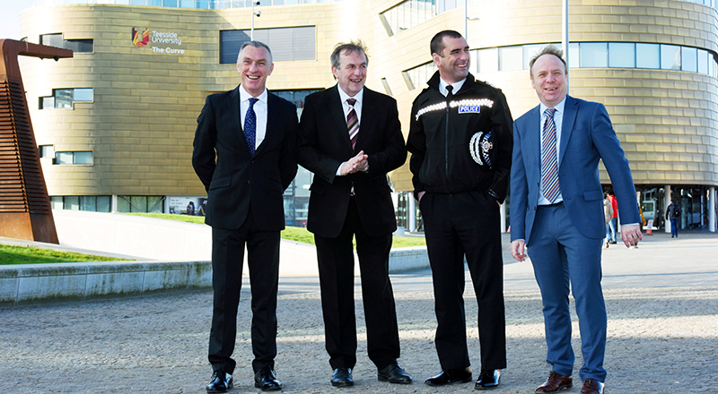 From left - Vice-Chancellor and Chief Executive of Teesside University, Professor Paul Croney;  Police and Crime Commissioner Barry Coppinger; Chief Constable Richard Lewis; and, Professor Paul Crawshaw, Dean of Teesside University’s School of Social Sciences, Humanities & Law.