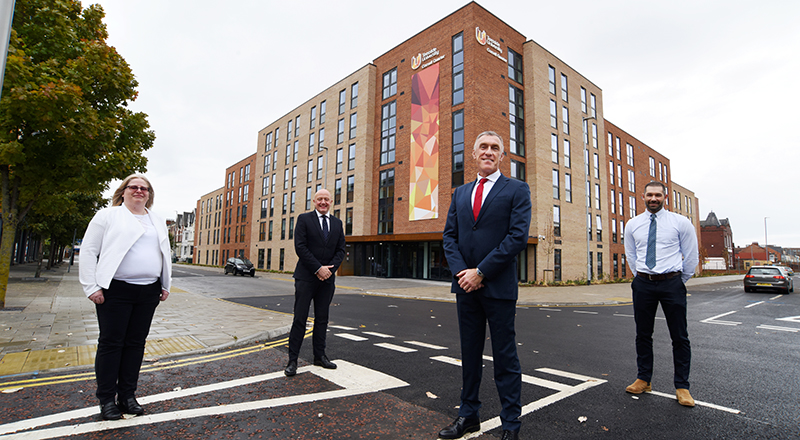 Teesside University Vice-Chancellor and Chief Executive Professor Paul Croney, Chief Operating Officer Malcolm Page, Deputy Director of Campus Services Jill Thompson and Wates Project Manager Nick White.