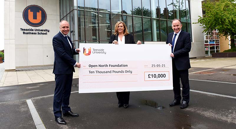 Warren Harrison, Dean of Teesside University Business School with Tania Cooper MBE and Richard Swart, from the Open North Foundation.