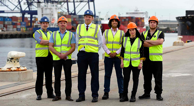 Left to right: Martin Walker (PD Ports), Professor Michael Short (Teesside University), Maurice Brooksbank (PD Ports), Edgar Segovia-Leon (Teesside University), Farida Amrouche (Teesside University), Andrew Kidd (Teesside University).