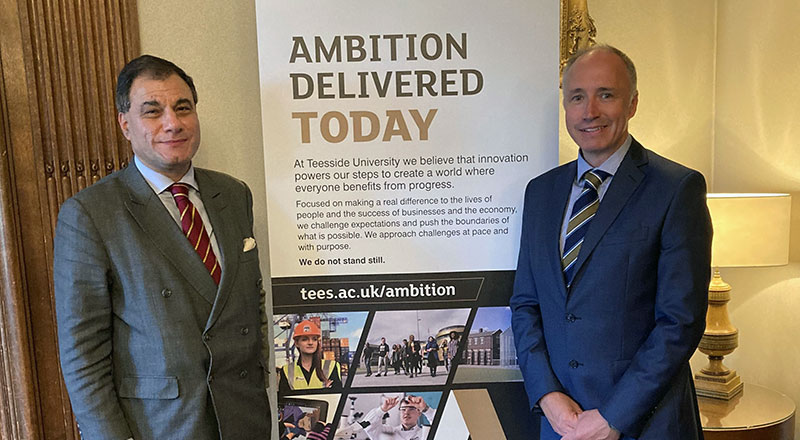 Lord Bilimoria with Dean of Teesside University International Business School Warren Harrison.