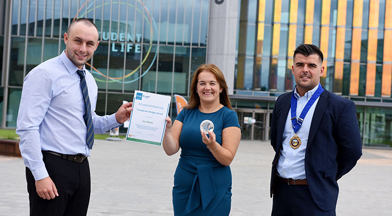 The Transporter Bridge Anniversary Award was presented to Jay Allison (left) by Emma Hughes, Chair of ICE Teesside (centre) and Peter Conlan, Regional Chair of CIHT (right)