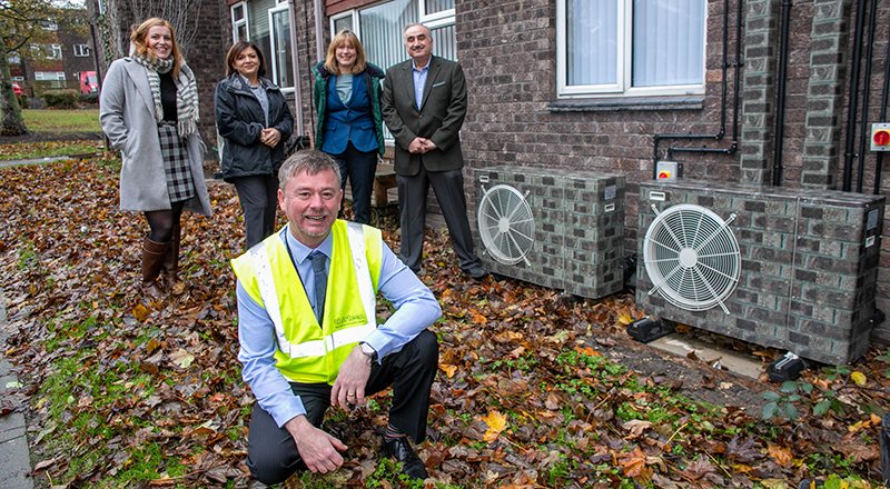 Front - Wes McGeeney, Renewables Manager, Thirteen. Back (L-R) - Jayne Lawson, Head of Innovation and Marketing, Thirteen, with Dr Huda Dawood, Professor Natasha Vall and Professor Nashwan Dawood from Teesside University at Oval Grange in Hartlepool where air source heatpumps are being installed in houses.