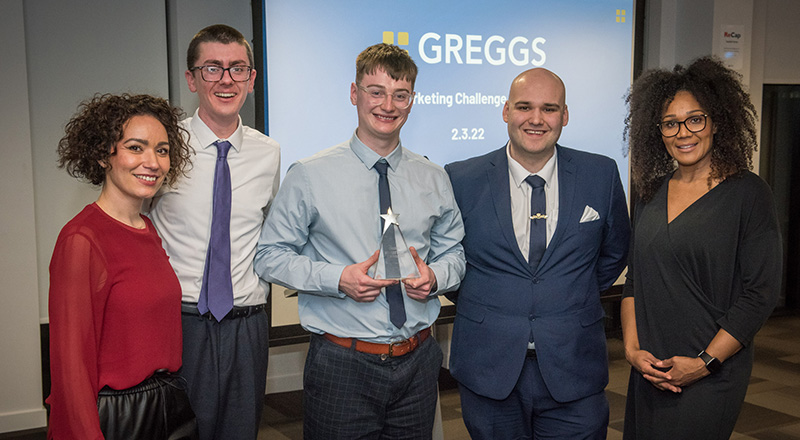 Zoulika Lamamra, Senior Lecturer in Marketing & Public Relations, with challenge winners Charlie Williams, Adam Dalton and Mark Harrison, and Femi Waters-Ajisafe, Principal Lecturer in Marketing and Recruitment. 