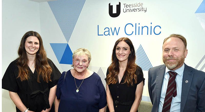 Speakers at the industry celebration event (L-R) – Hannah Sellers, Director of Clinical Legal Education;  Ann Ming, double jeopardy campaigner; Angela King, Head of Law, Policing and Investigation; Professor Paul Crawshaw, Dean of the School of Social Sciences, Humanities & law.