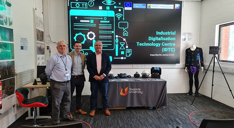 Dave Spencer (IDTC Business Innovation Manager), Michael Thompson (IDTC Project Manager) and Zeynel Badak (Founder and Director of ZEST I/O) in the IDTC lab at Teesside University.