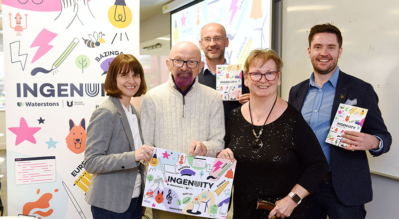 Pictured front from left, Leanne Cullen of Waterstons, Richard’s parents Rod and Wendy, Daniel Halliday of Waterstons and back, Darren Abbott, Teesside University
