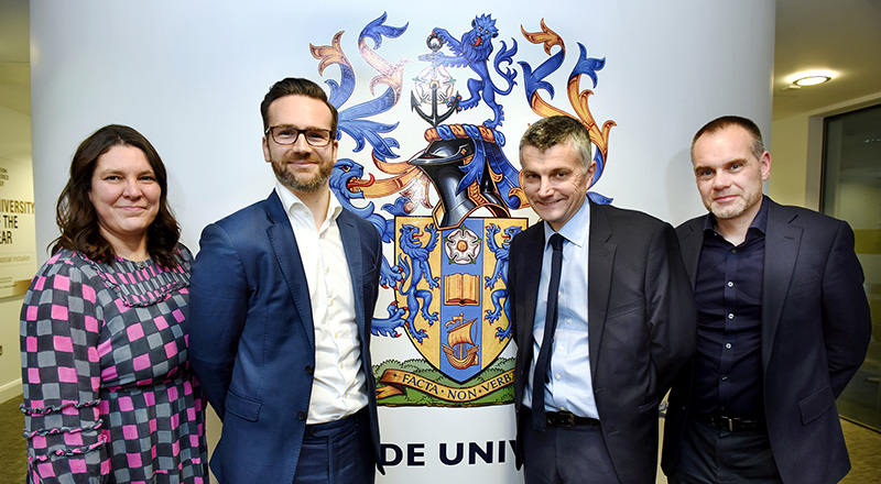 From left - Sarah Glendinning, CBI North East Regional Director; John Foster, CBI Policy Director; Professor Stephen Cummings, Pro Vice-Chancellor (Research and Innovation); Professor Craig Gaskell, Pro Vice-Chancellor (Enterprise and Knowledge Exchange).