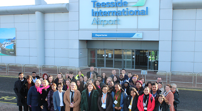 Students and delegates at Teesside Airport. Link to Teesside Airport welcomes students for University’s aviation conference.