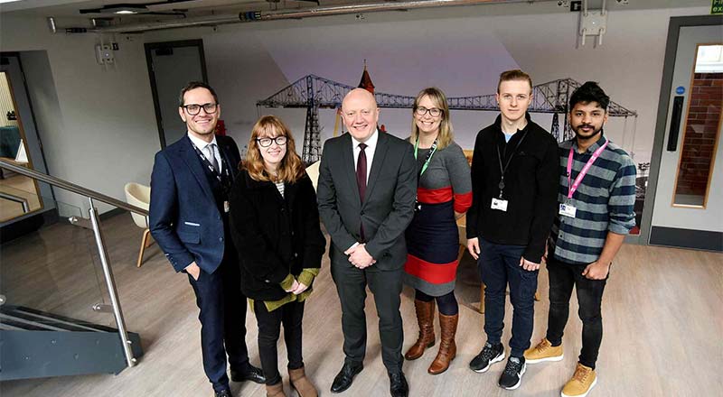 Marek Jaakson, Ellie McLernon, Chief Operating Officer Malcolm Page, Director of Student and Library Services Rosie Jones, Postgraduate Data Science student Anatolii Kolesov and Students' Union President (Education) Eby Eldho. 