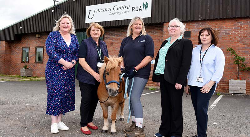 Jayne Golden, Teesside University; Pat White, trustee at the Unicorn Centre; Acer the therapy pony; Caroline Murrell, Equine Operations Manager at the Unicorn Centre;  Christine Cook, Teesside University  and Helen Dudiak, representing the University’s Be The Change panel.