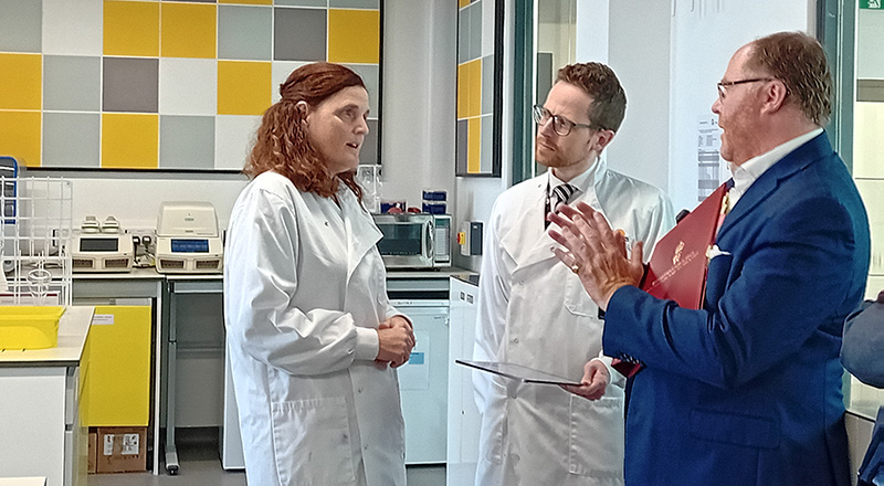 George Freeman MP (right), Minister for Science, Research and Innovation, speaking to Professor Linda Popplewell and Professor John S. Young at Teesside University’s National Horizons Centre. Link to Cutting-edge bioscience facility showcased to Minister.