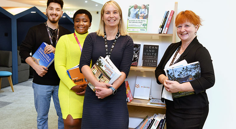 Student and Library Services assistants, Happiness Azu and Cristian Comsa, with Student and Library Services Director Rosie Jones and Assistant Director, (Learning, Teaching & Research), Jackie Oliver