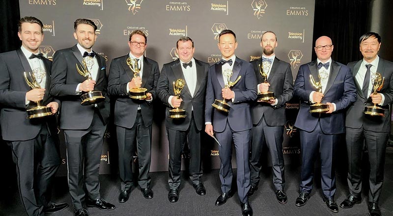 Nick Marshall, pictured far left, with some of the Emmy winning team