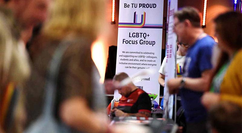 LGBTQ+ focus group stand. Link to Celebrate LGBTQ+ History Month at Teesside in February with these Exciting Events!  .