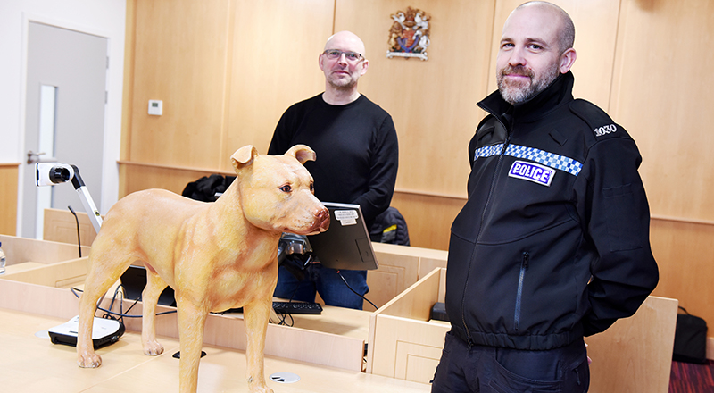 Stewart Dunderdale, Course Assessor from North Yorkshire Police, and Sergeant Mike Smith, from West Yorkshire Police dog section, at Teesside University’s mock courtroom.