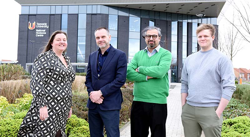 Professor Craig Gaskell (second-left), Pro Vice-Chancellor (Enterprise and Knowledge Exchange) with members of the National Horizon's Centre RESILIENCE project team: (From left) Professor Vikki Rand (Director of the National Horizons Centre), Professor Safwan Akram (Professor of Innovation in Healthcare) and Connor Foster (Senior Bioprocessing Trainer and Training Coordinator). Link to Future medicine and vaccine makers to get VR-assisted training centre of excellence.