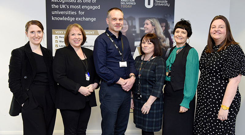 Professor Craig Gaskell (centre), Pro Vice-Chancellor (Enterprise and Knowledge Exchange), with the University’s Associate Deans for Enterprise and Knowledge Exchange, (from left) Charlotte Nichol, Ruth Mitchell, Dr Helen Dudiak, Siobhan Fenton and Professor Vikki Rand (Director of the National Horizons Centre).