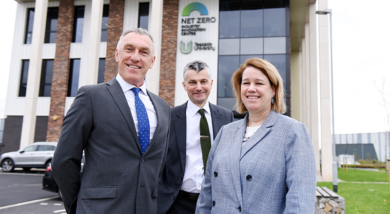 Professor Paul Croney OBE, Professor Steve Cummings and Professor Susan Martinis outside Teesside University’s Net Zero Industry Innovation Centre. Link to Professor Paul Croney OBE, Professor Steve Cummings and Professor Susan Martinis outside Teesside University’s Net Zero Industry Innovation Centre.