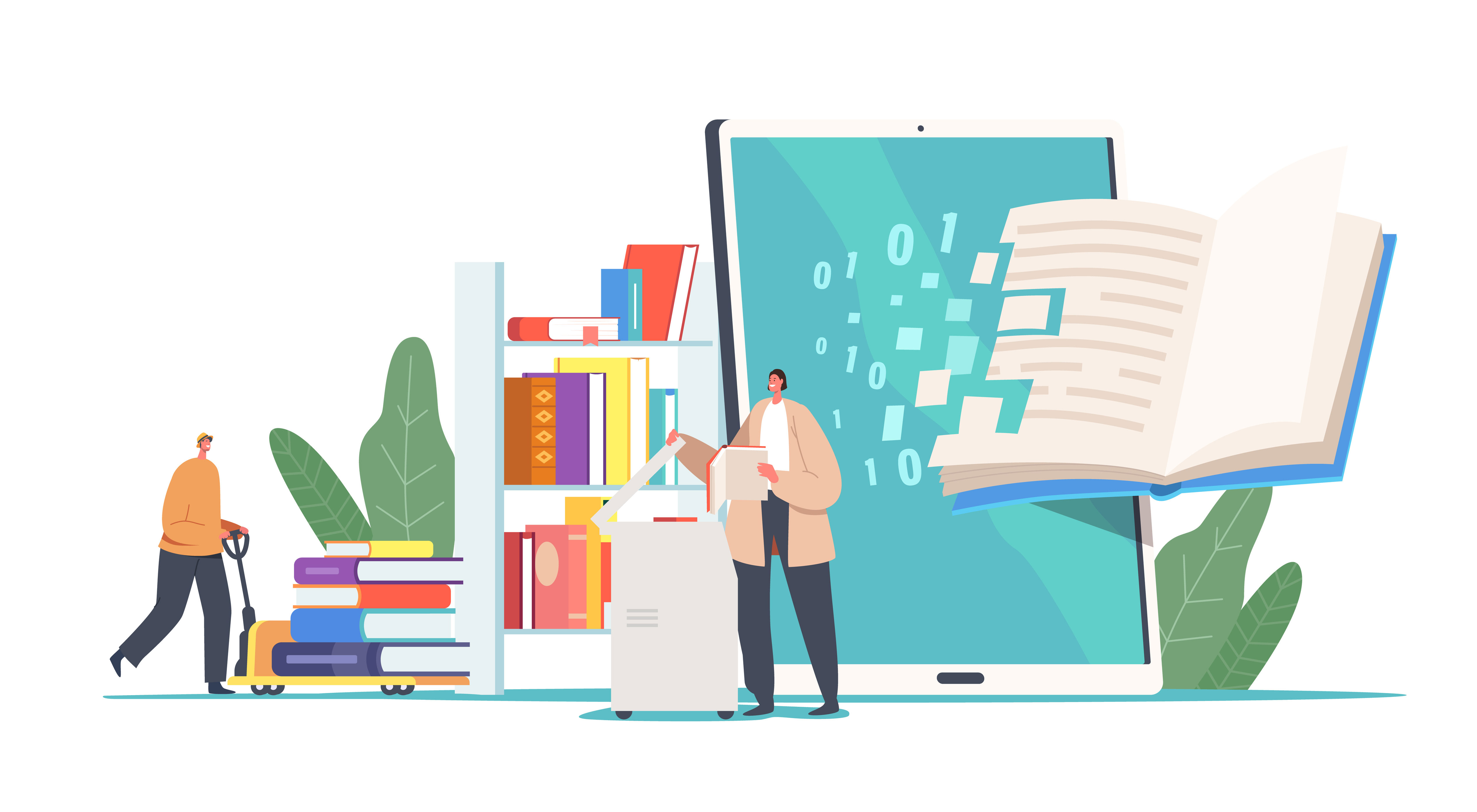 An illustration of two people using library resources in different ways
