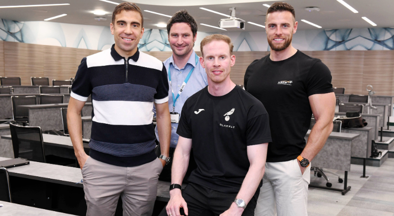(L-R) Dr Jonathan Taylor, Professor Paul Chesterton, Louis Cunningham and Shaun McLaren. (L-R) Dr Jonathan Taylor, Professor Paul Chesterton, Louis Cunningham and Shaun McLaren. Link to Alumni support elite football event.